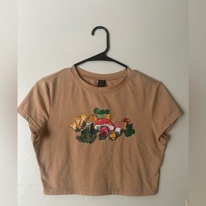 Tan Mushroom Print Gorpcore Crop Top Nature Graphic Hippie Fairy Garden Girl L
